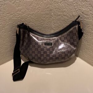 Gucci Crescent Crossbody Bag Metallic Black Coated Canvas GG Monogram Logo